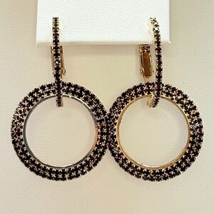 NWT Black & Gold 2-in-1 Rhinestone Hoop Earrings
